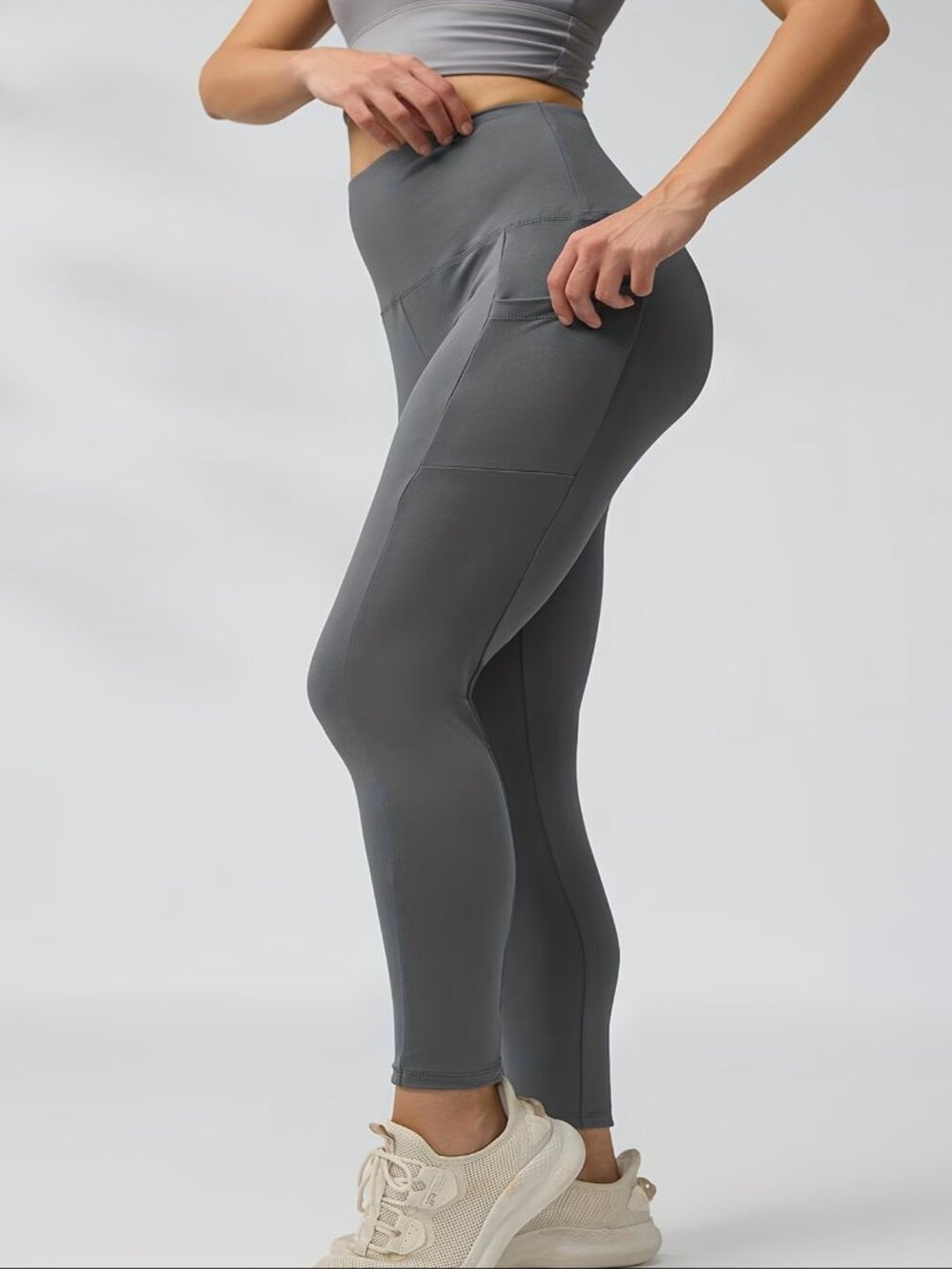 Women's High Waist Tummy Control Full-Length Yoga Leggings w/Pockets Gray Large
